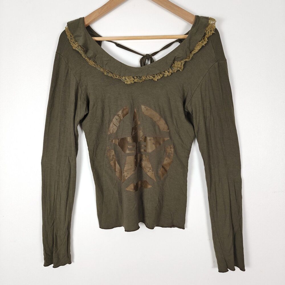 Be Eight Ruffle Lace Neckline Open Back Long Sleeve Top Size M Y2K Fairy Grunge